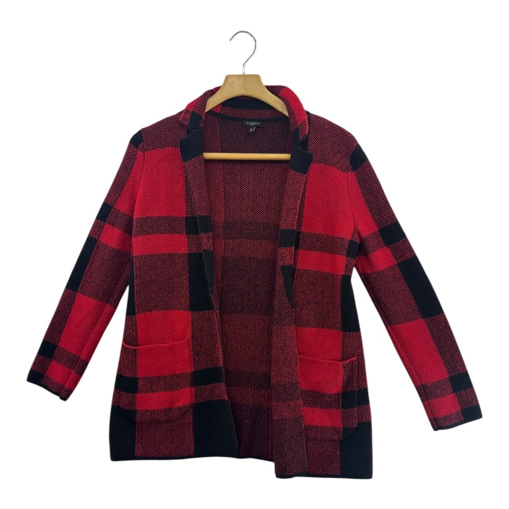 Talbots Red Black Buffalo Plaid Open Front Cardigan Sweater Jacket Women SP